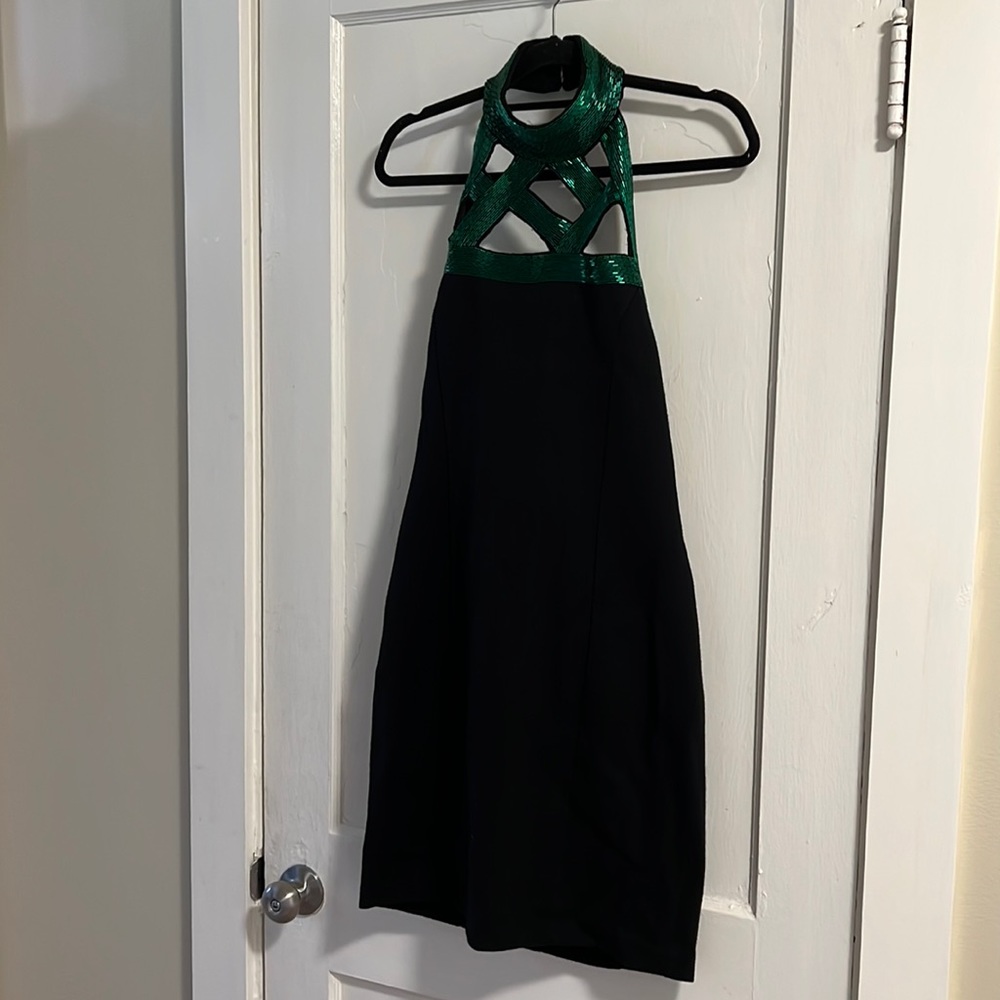 Vintage 80s 90s Black And Green Beaded Halter Dress S M